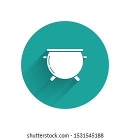 White Halloween witch cauldron icon isolated with long shadow. Happy Halloween party. Green circle button. Vector Illustration