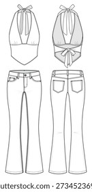 White Halter Tie Top and Low-Rise Bootcut Jeans Technical Fashion Illustration. Sculpted Open-Back Blouse with Flared Denim Silhouette. Front and Back CAD Mockup.