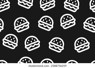 White Hamburger Burger Icons on Black Background Seamless Vector Pattern