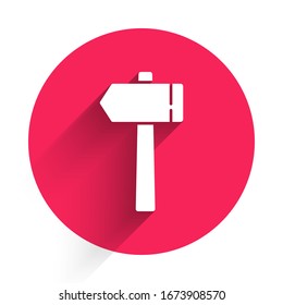 White Hammer icon isolated with long shadow. Tool for repair. Red circle button. Vector Illustration