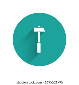 White Hammer icon isolated with long shadow. Tool for repair. Green circle button. Vector Illustration