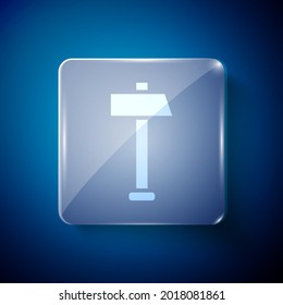 White Hammer icon isolated on blue background. Tool for repair. Square glass panels. Vector Illustration
