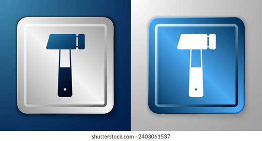 White Hammer icon isolated on blue and grey background. Tool for repair. Silver and blue square button. Vector