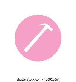 White hammer icon vector illustration. Pink button. Pink circle