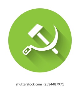 White Hammer and sickle USSR icon isolated with long shadow. Symbol Soviet Union. Green circle button. Vector