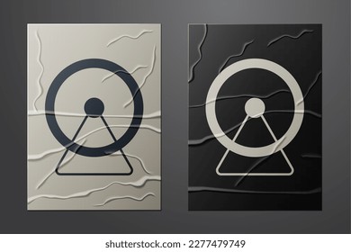 White Hamster wheel icon isolated on crumpled paper background. Wheel for rodents. Pet shop. Paper art style. Vector