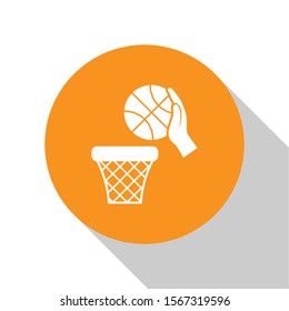 White Hand with basketball ball and basket icon isolated on white background. Ball in basketball hoop. Orange circle button. Vector Illustration