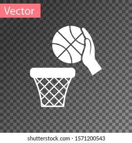 White Hand with basketball ball and basket icon isolated on transparent background. Ball in basketball hoop.  Vector Illustration