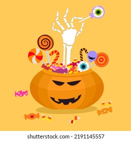 Weißer Knochenkelett, der Augentkerzen hält, mit vielen süßen Halloween-Desserts in orangefarbenem Kürbiskorb. Fröhliche Halloween-Vektorgrafik, Herbstsprichwörterfest. 