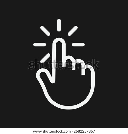White Hand Click Icon with Radiating Lines on Black Background, Minimalist Touch Gesture Symbol for UI Interaction, Tap Activation, and Digital Interface Design