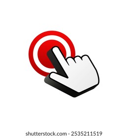 White hand cursor for computer click on red button. Desktop hand pointer icon.