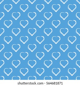 White hand draw hearts on sky blue background seamless pattern. Print card, cloth, clothing, wrap, wrapper, web, cover, label, gift paper, banner, greeting, invitation. Vector illustration