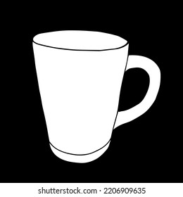 White hand drawing outline vector illustration of a cup for tea or coffee on the black background