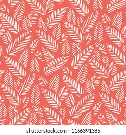 White hand drawn abstract herringbone leaves on red background vector seamless pattern. Tribal marks. Fresh floral print