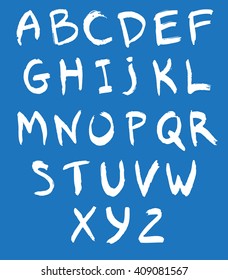 white hand drawn alphabet blue abc letters eco green on calligraphy