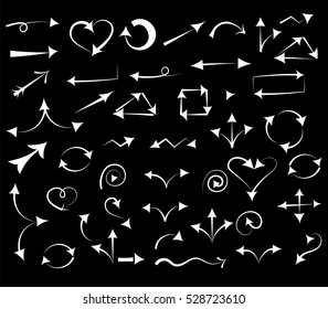 White Hand Drawn Arrows isolated on Black. Sketch Style. Prefect for Design. Vector Illustration.