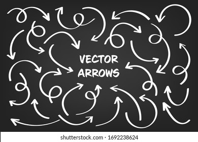 White hand drawn arrows set on gray background. Arrow, cursor Icon. Vector pointers collection. 