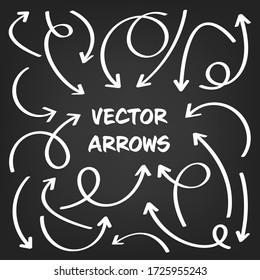 White hand drawn arrows set on gray background. Arrow, cursor Icon. Vector pointers collection. 