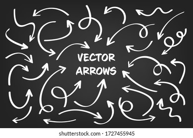 White hand drawn arrows set on gray background. Arrow, cursor Icon. Vector pointers collection. 
