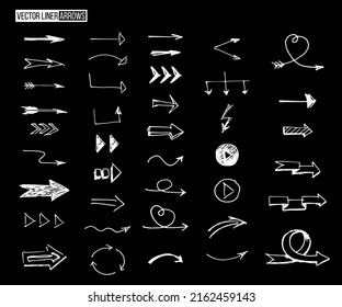 White hand drawn arrows set. Sketches, doodles, lines with direction made by liner pen vector illustration. Graphic web design collection on black background. Outline of symbols and buttons.
