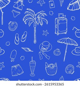 White Hand Drawn Beach Items Pattern, Blue Background, Vacation Design