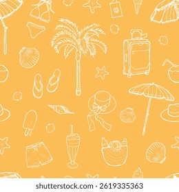 White Hand Drawn Beach Items Pattern, Yellow Background, Vacation Design