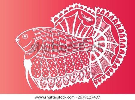 White Hand drawn Betta fish doodle on red background, tribe ,zentangle, tatoo, henna. vector engraved image in black and white colors. eps 10. easy editable image. result of auto trace.
