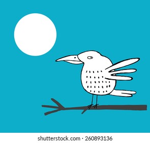 White hand drawn bird on a branch and full moon, at night, vector illustration