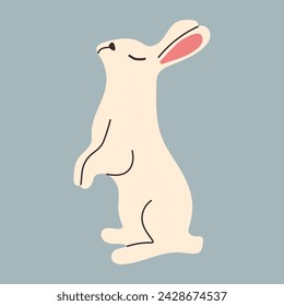 Conejito dibujado a mano blanco se encuentra en sus patas traseras aislado sobre fondo azul. Diseño minimalista con Rabbit en estilo doodle. Personaje lindo con orejas grandes en estilo plano para tarjetas de Pascua y carteles.