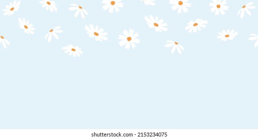 White hand drawn chamomile or daisy flowers isolated on blue background. Floral horizontal pattern vector illustration. Great for summer, spring sale banner, social media and more.