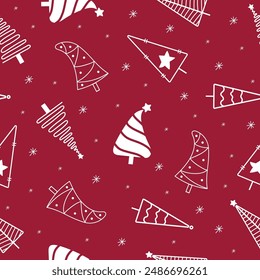 White hand drawn christmas tree vector pattern on red background