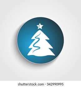 White hand drawn Christmas tree silhouette in a blue button 