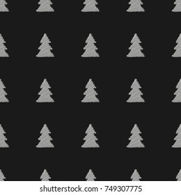 White hand drawn christmas tree on dark black background. Minimalistic stylish seamless pattern for prints or wrapping paper. Vector illustration.