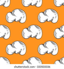 White Hand Drawn Clouds Pattern on Flat Orange Background - Crafted  Seamless Doodle Pattern - Vector Illustration