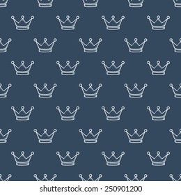 White hand drawn crown on dark blue background seamless pattern.