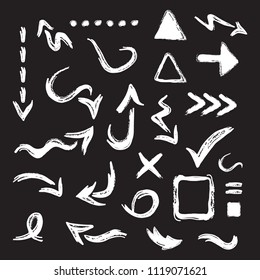 White hand drawn curvy direction arrows icons design element set on black background