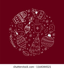 White hand drawn doodle elements in circle on a dark red background. Vector set of winter holidays objects.