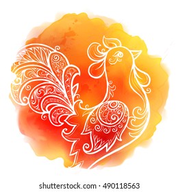White hand drawn doodle rooster on red watercolor stain background