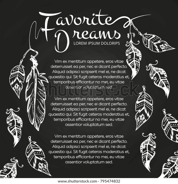 White hand drawn feathers chalkboard poster\
and banner. Vector\
illustration