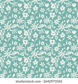 White Hand Drawn Floral Pattern Teal Green Background