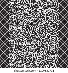 White hand drawn flower seamless pattern. Vector illustration isolated on a black color background.