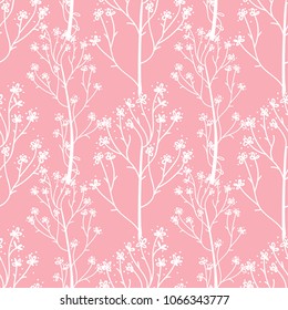 White hand drawn flower sprigs. Cute wedding seamless pattern. Vector illustration isolated on a pink color trend background.