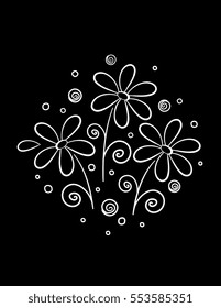 white hand drawn flowers pattern on black background