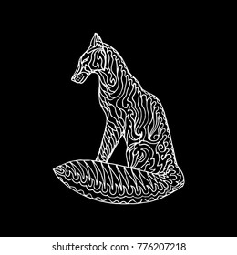 White hand drawn fox decorative contour image on black background. Wild forest animal as logo or mascot. Vector illustration.