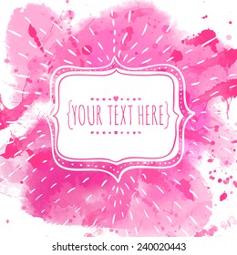 White hand drawn frame with doodle bird. Pink watercolor splash background. Artistic design concept for wedding invitations, romantic and valentines day cards.
