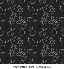 White hand drawn fruit seamless pattern with black background. vector illustration.