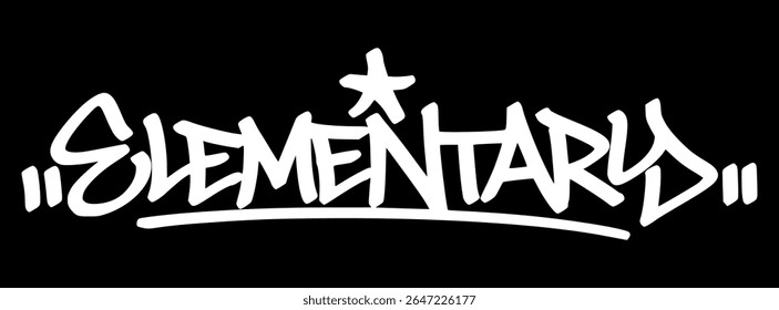 White hand drawn graffiti tag "Elementary" on black background. Street-style lettering for school themes, early education, and youth visuals.