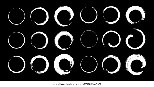White hand drawn grunge circle frames set. Bbrush stroke rounds. Sketch scribble circular design elements. Vector illustration