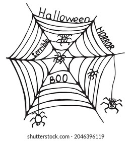 White hand drawn Halloween vector illustration with spiderweb and spiders. 