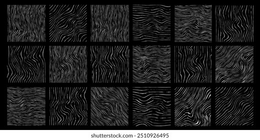 Conjunto de textura de madeira de linha de hachura desenhada à mão branca. Quadrados isolados em preto. Hachura, forma de rabisco de traçado. Ilustração de vetor de desenho a lápis